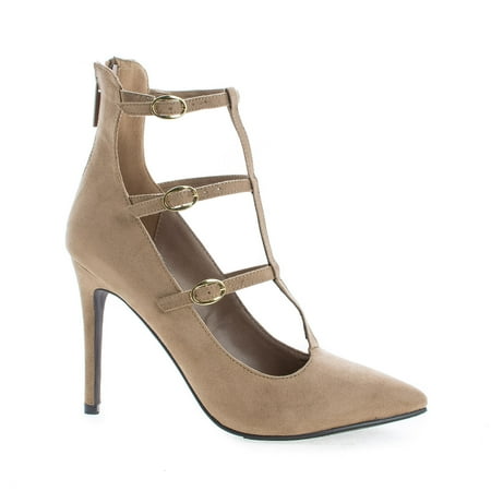 Lydia21 by Breckelle’s, Pointy Toe Multi Buckle T-Strap Stiletto Heel Dress Pumps