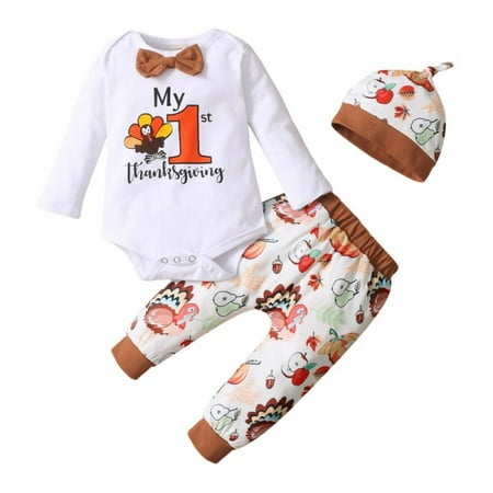 Thanksgiving Newborn Cute Hipster Bowtie Strap Long Sleeve Bodysuit +Long Pants +Hat Outfits Set