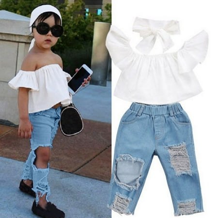 Toddler Kids Baby Girls Off Shoulder Crop Tops + Hole Denim Jeans Pants Headband 3PCS Outfits Set 1-6Y
Toddler Kids Baby Girls Off Shoulder Crop Tops + Hole Denim Jeans Pants Headband 3PCS Outfits Set 1-6Y