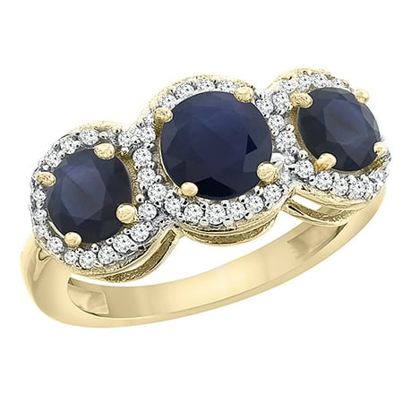 14K Yellow Gold Natural High Quality Blue Sapphire Round 3-stone Ring Diamond Accents, size 7.5