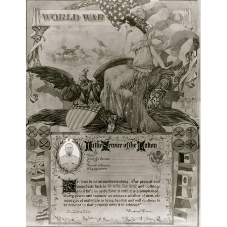 Commemorative allegorical print showing Columbia seated on pedestal wearing a Phrygian cap with an American flag eagle with wings spread and a scene showing American soldiers shooting a machine gun Pr