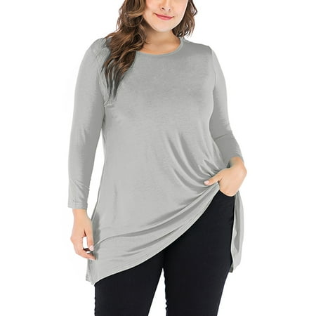 DODOING Womens 3/4 Sleeve Loose Fit Swing Tunic Tops Basic T Shirt With Unique Hem Drapes S-3XL