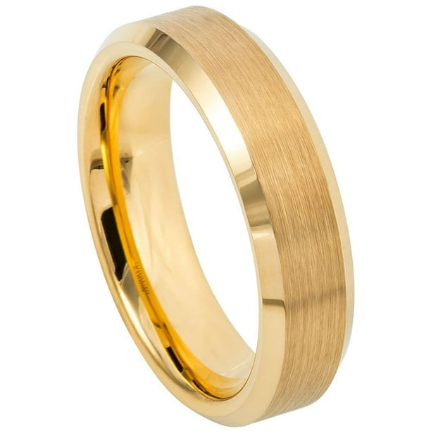 Custom Personalized Engraving Wedding Band Ring Set for Him & Her - 6mm Brush Polished Yellow Gold IP Plated Center & Shiny Beveled Edge