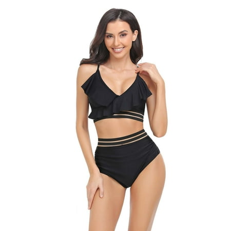 

Finelylove Mommy And Me Swimsuits Tummy Concealing Sport Bra Style High Waist Black M