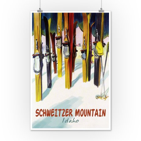 Schweitzer Mountain, Idaho - Colorful Skis - Lantern Press Poster (12x18 Art Print, Wall Decor Travel Poster)