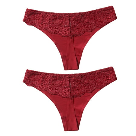 2Pcs Women Low Waist Seamless Lace Trim Elastic G-String Thong Wine Red XXL