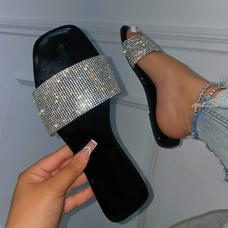 Women s Flat-Bottom Square Toe Slippers Fashion Rhinestone Sandals And Slippers