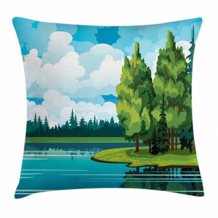 Landscape Throw Pillow Cushion Cover, Peaceful Environment Summer Forest Lake and Cumulus Clouds on Blue Sky, Decorative Square Accent Pillow Case, 16 X 16 Inches, Blue Green and White, by Ambesonne