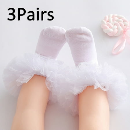 3Pairs Girls Retro Lace Ruffled Stockings Cotton Solid Mesh White School Dance Socks