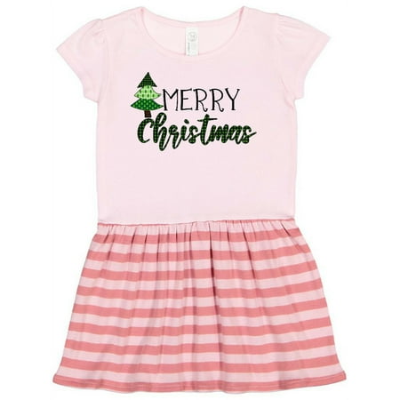 Inktastic Merry Christmas Green Quilt Pattern Tree Gift Toddler Girl Dress