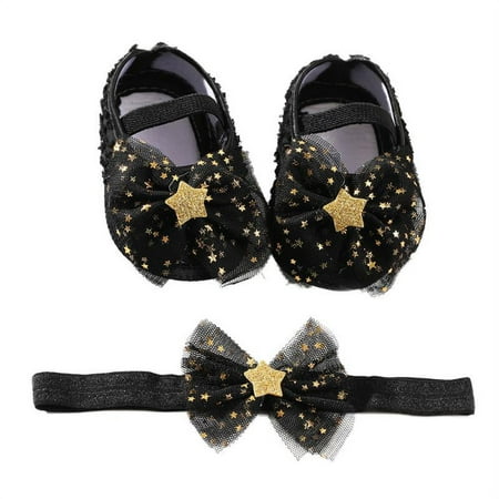 Baby Girls Bowknot Princess Shoes Headband Set Newborn Net Yarn Slip-On Crib Shoes