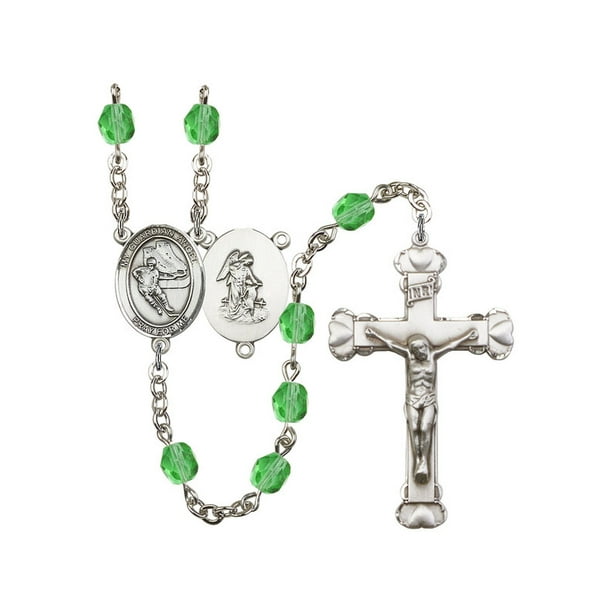 Guardian Angel/Hockey Silver-Plated Rosary 6mm August Green Fire Polished Beads Crucifix Size 1 5/8 x 1 medal charm