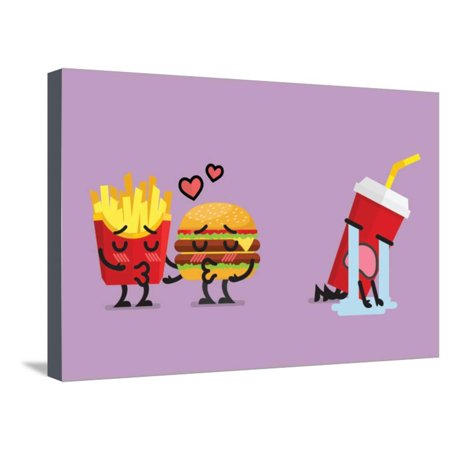 Fast Food Fall in Love Kissing with Heartbroken Soft Drink Character. Funny Character Stretched Canvas Print Wall Art By Sira Anamwong