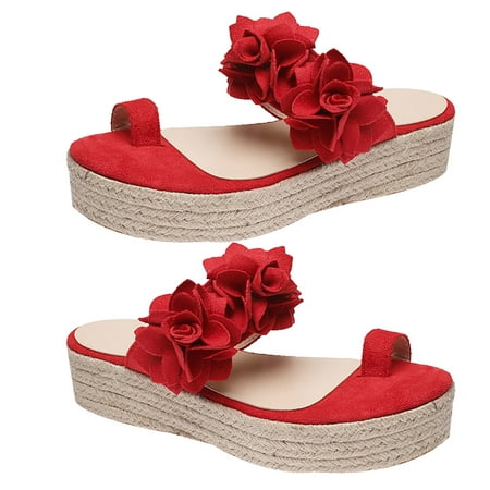 huanledash Fashion Women Flowers Decor Sandals Toe Loop Flip Flops Slippers Platform Shoes