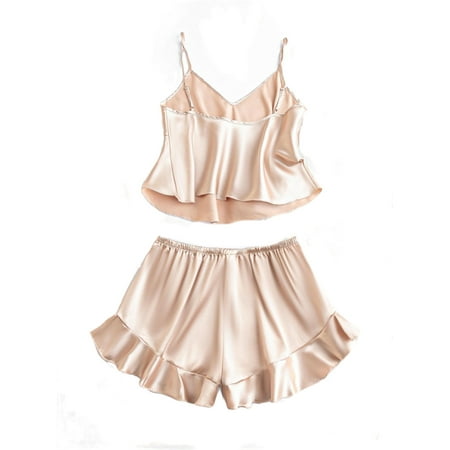 Womens Pajama Sets Ruffle Hem Spaghetti Strap Sleepwear Champagne M