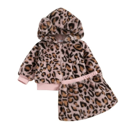 Musuos Girl’s Fashion Leopard Plush Long Sleeve Coat and Short Skirt Set