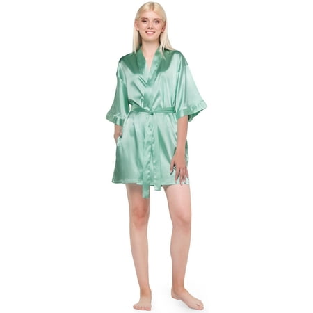 Turquaz Linen Mint Green Satin Kimono Short Robe