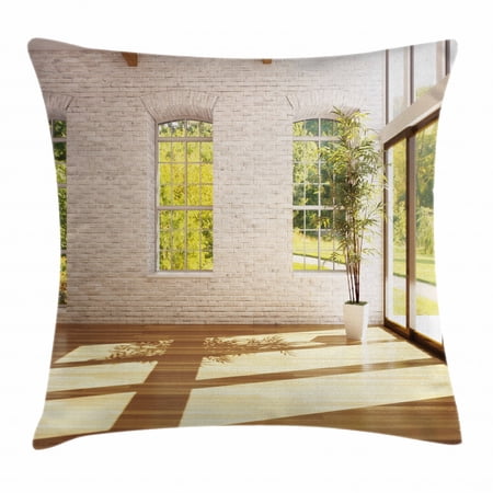 Italian Decor Throw Pillow Cushion Cover, Summer Town House in Spring Vivid Garden Sunny Sky Print, Decorative Square Accent Pillow Case, 16 X 16 Inches, White Green and Light Caramel, by Ambesonne