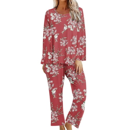 

Hfyihgf Womens Pajamas Set Long Sleeve Crew Neck Top with Capri Pants with Pockets Floral Print Fall Fashion Casual Soft Comfy Sleepwear Pjs Lounge Sets(Red L)
