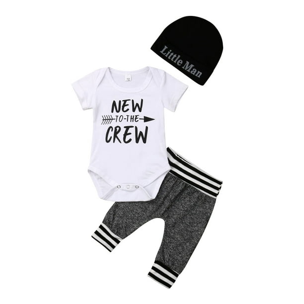 Baby Boy Clothes Set New to The Crew Long Short Sleeve Romper Pants Hat Summer Autumn Outfits 3Pcs