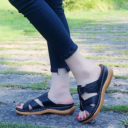 VKEKIEO Round Toe House Slippers High Heel Platform Blue