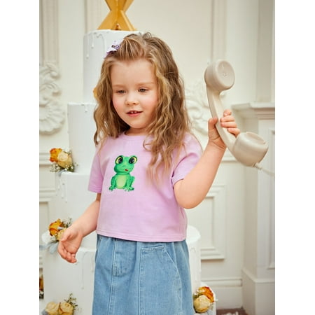 Lilac Purple Toddler Girls Frog Print Tee Casual 4Y S040E