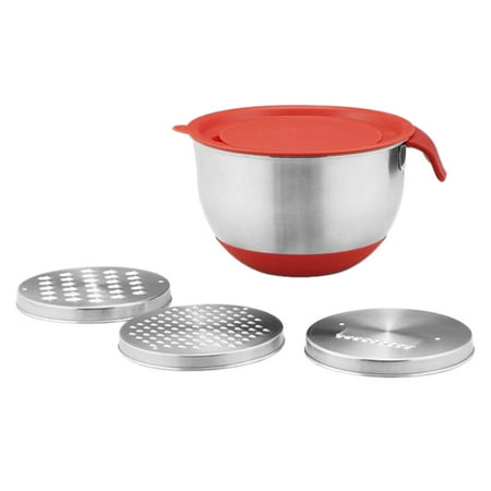 1 Set Stainless Steel Silicone Egg Bowl Salad Bowl with Handle Scale (Red)