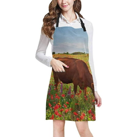 

ASHLEIGH Cow Grazing Grass with Poppy Fields Unisex Adjustable Bib Apron with Pockets for Women Men Girls Chef for Cooking Baking Gardening Crafting