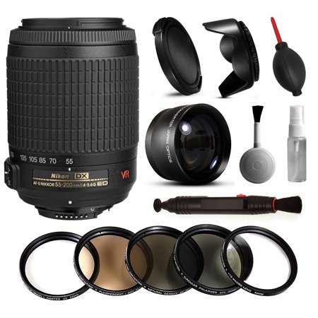 Nikon VR 55-200mm Lens 2166 + Beginner Accessories Bundle includes 5 Piece Filter Set + 2.2x Adapter for Nikon DF D7200 D7100 D7000 D5500 D5300 D5200 D5100 D5000 D3300 D3200 D3100 D3000 D300S D90