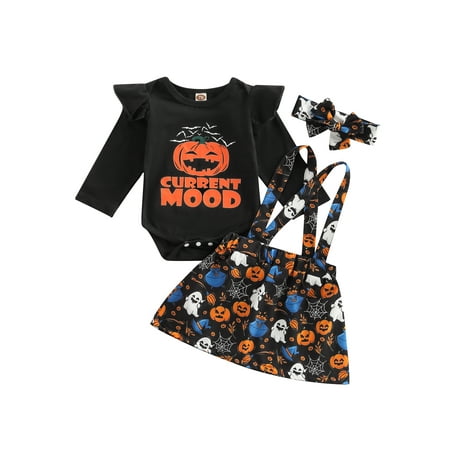 3Pcs Baby Girls Halloween Outfit Long Sleeve Pumpkin Romper Suspenders Skirt with Hairband Newborn Clothes Sets