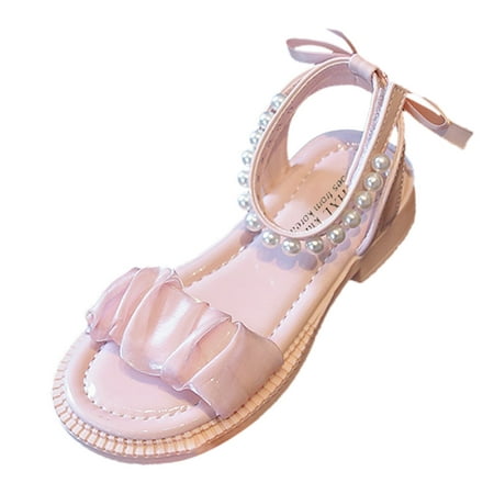 

Girls Sandals Bowknot Pearl Ankle Strap Soft Sole Comfortable Princess Shoes For Girl Size 27;4.5-5 Y