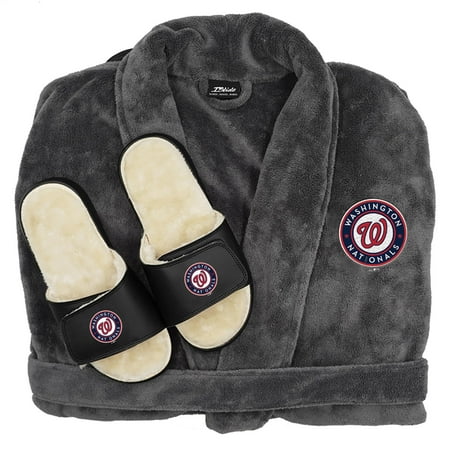 ISlide Gray Washington Nationals Faux Fur Slide Sandals & Robe Bundle