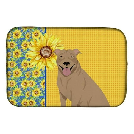 21 x 14 in. Summer Sunflowers Fawn Pit Bull Terrier Dish Drying Mat