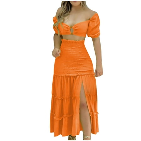 Juebong Christmas Thanksgiving Women s Suits Deals 2022 Women s Printed Two-piece Suit Printed Shoulder Slit Skirt Fashion Suit (Short Sleeve+Skirt) Printed Shoulder Slit Skirt Fashion Suit