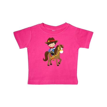 Inktastic Little Cowboy Cowboy On Brown Horse Brown Hair Gift Baby Boy T-Shirt
