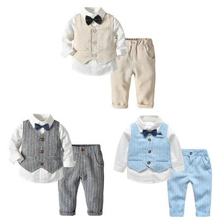 Bullpiano Baby Boy Gentleman Set with Dress Shirt+Bow Tie+Vest and Pants 3PC Set