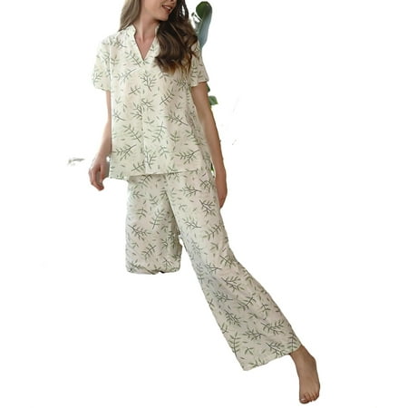 Casual Plants Notched Pant Sets Multicolor Short Sleeve Women Pajama Sets M
Casual Plants Notched Pant Sets Multicolor Short Sleeve Women Pajama Sets M