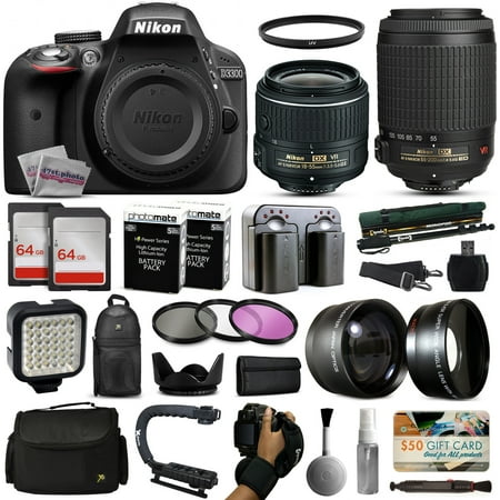Nikon D3300 DSLR Digital Camera with 18-55mm VR II + 55-200mm VR Lens + 128GB Memory + 2 Batteries + Charger + LED Video Light + Backpack + Case + Filters + Auxiliary Lenses + $50 Gift Card + More! Nikon D3300 DSLR Digital Camera with 18-55mm VR II + 55-200mm VR Lens + 128GB Memory + 2 Batteries + Charger + LED Video Light + Backpack + Case + Filters + Auxiliary Lenses + $50 Gift Card + More!