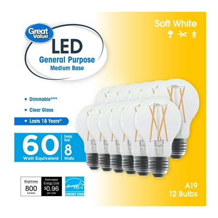 Great Value 18 Year LED Light Bulbs A19 60 Watts Equivalent 8 Watts Efficient Dimmable Soft White Clear Glass 12 Pack
Great Value 18 Year LED Light Bulbs A19 60 Watts Equivalent 8 Watts Efficient Dimmable Soft White Clear Glass 12 Pack