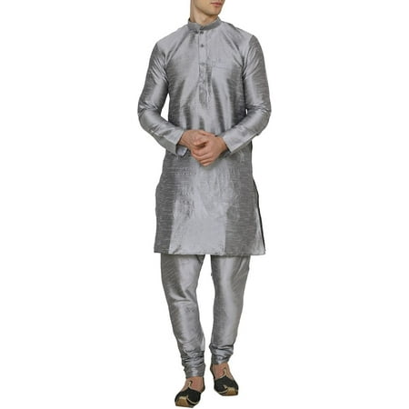 Royal Kurta Men s Silk Blended Mandarin Collar Long Kurta Churidar Set Silver