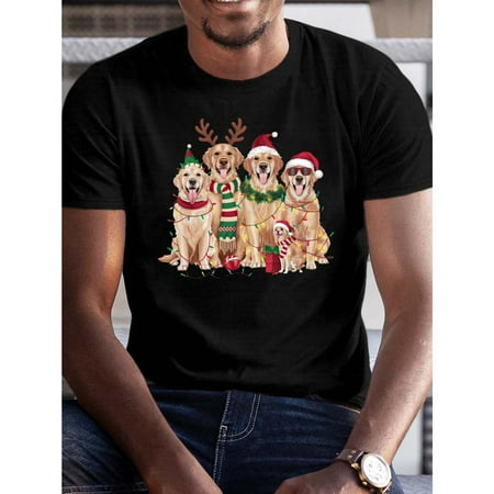 Cotton Golden Dog Christmas Joyful Holiday Design T Shirt Graphic Tees Short Sleeve Round Neck Black S-5XL