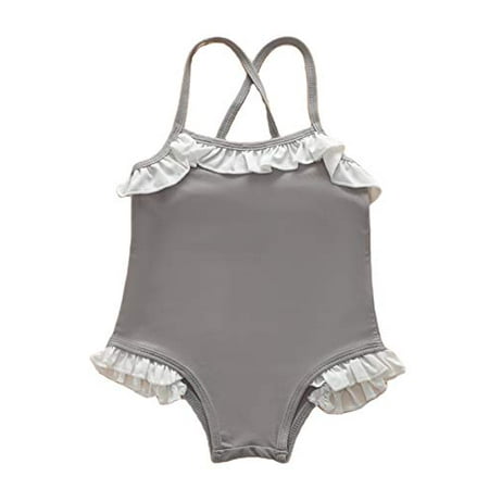 Styles I Love Toddler Kid Girls Ruffle One-Piece Swimsuit Solid Bathing Suit Beach Swimwear (Grey 90/1-2 Years)