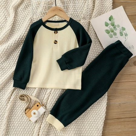 Hunpta Winter Toddler Baby Girl Boy Color Block Knit Walf Checks Outfit Kids Cotton Long Sleeve T Shirt Tops Pants Set 2Pcs