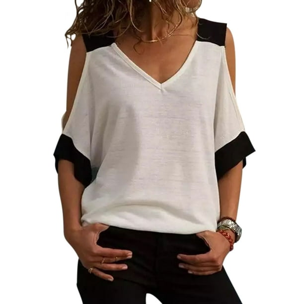 Loose Casual T-Shirt Blouse For Women Plus Size Summer Ladies Short Sleeve Strappy Blouse Tops Solid Casual Basic Tee Beach Holiday Women Clothes White M