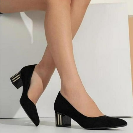 Women‘s Pointed Toe Block Heels Comfortable Black Slip On Court Pumps Office OL Style Shoes