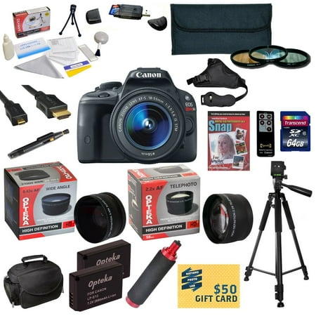 Canon EOS Rebel SL1 DSLR Camera with EF-S 18-55mm f\/3.5-5.6 IS STM With 64GB SDXC Card, 2 Batteries, Charger, 0.43x Fisheye, 2.2x Lens, Filter Kit, Gadget Bag, Tripod, Handgrip, $50 Gift Card, More