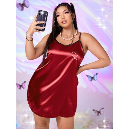 

Elegant Women s Plus Heart Embroidery Satin Cami Night Dress Burgundy 1XL(14) for Summer F220102Y