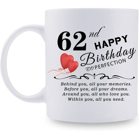 62nd Birthday Gifts for Women - 1960 Birthday Gifts for Women 62 Years Old Birthday Gifts Coffee Mug for Mom Wife Friend Sister Her Colleague Coworker - 11oz 62 Years Old to Perfection
62nd Birthday Gifts for Women - 1960 Birthday Gifts for Women 62 Years Old Birthday Gifts Coffee Mug for Mom Wife Friend Sister Her Colleague Coworker - 11oz 62 Years Old to Perfection