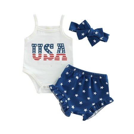 Infant Baby Girl 4th of July Outfits Independence Day Sleeveless USA Letter Romper Ruffle Shorts Headband Set
Infant Baby Girl 4th of July Outfits Independence Day Sleeveless USA Letter Romper Ruffle Shorts Headband Set