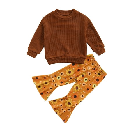 Girls Clothes Set Solid Color Knitted Long Sleeve O-neck Tops + Sunflower Print Flared Trousers Tracksuit For Children
Girls Clothes Set Solid Color Knitted Long Sleeve O-neck Tops + Sunflower Print Flared Trousers Tracksuit For Children